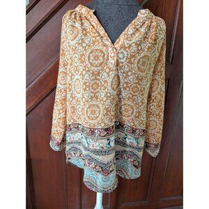Katies Kloset Womens Boho Top M Floral Paisley Orange 3/4 Sleeve Peasant Blouse